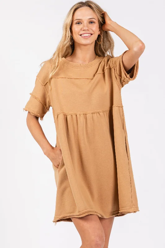 Best Bargains elegant maxi dressCamel Raw Hem Short Sleeve Dress