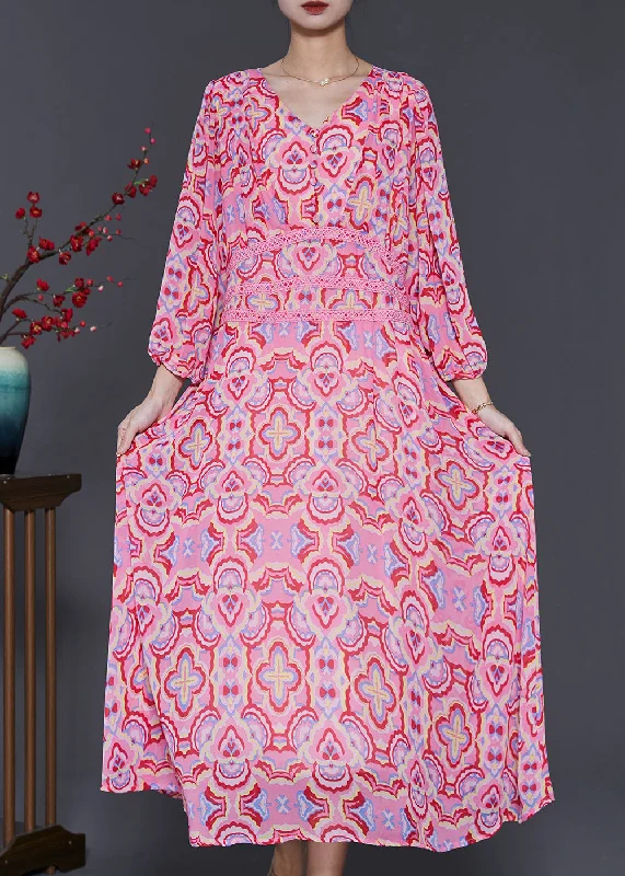 pleated dressSimple Pink Print Silm Fit Chiffon Dresses Summer