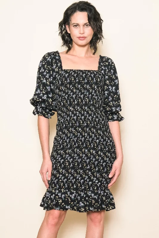 Great Deals elegant shift dressBlack Floral Smocked Puff Sleeve Dress