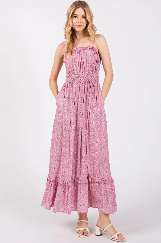 Midnight Sale ashionable dressPink Floral Ruffle Square Neck Smocked Waist Maxi Dress Midnight Sale ashionable dressPink Floral Ruffle Square Neck Smocked Waist Maxi Dress