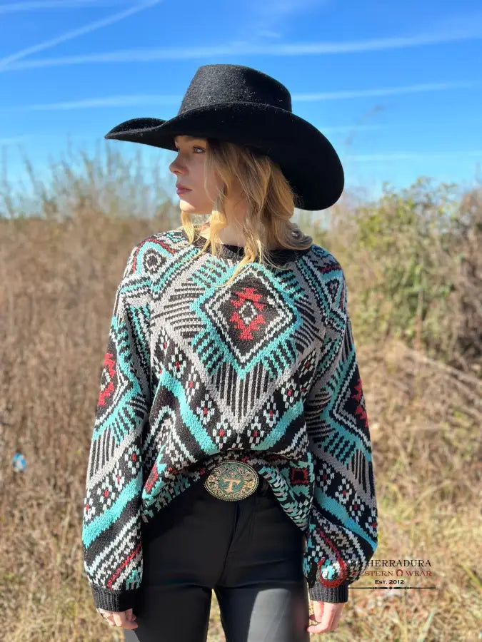 Doorbuster Deal Rock&Roll Womens Teal/Pink Multi Color Aztec Print Sweater