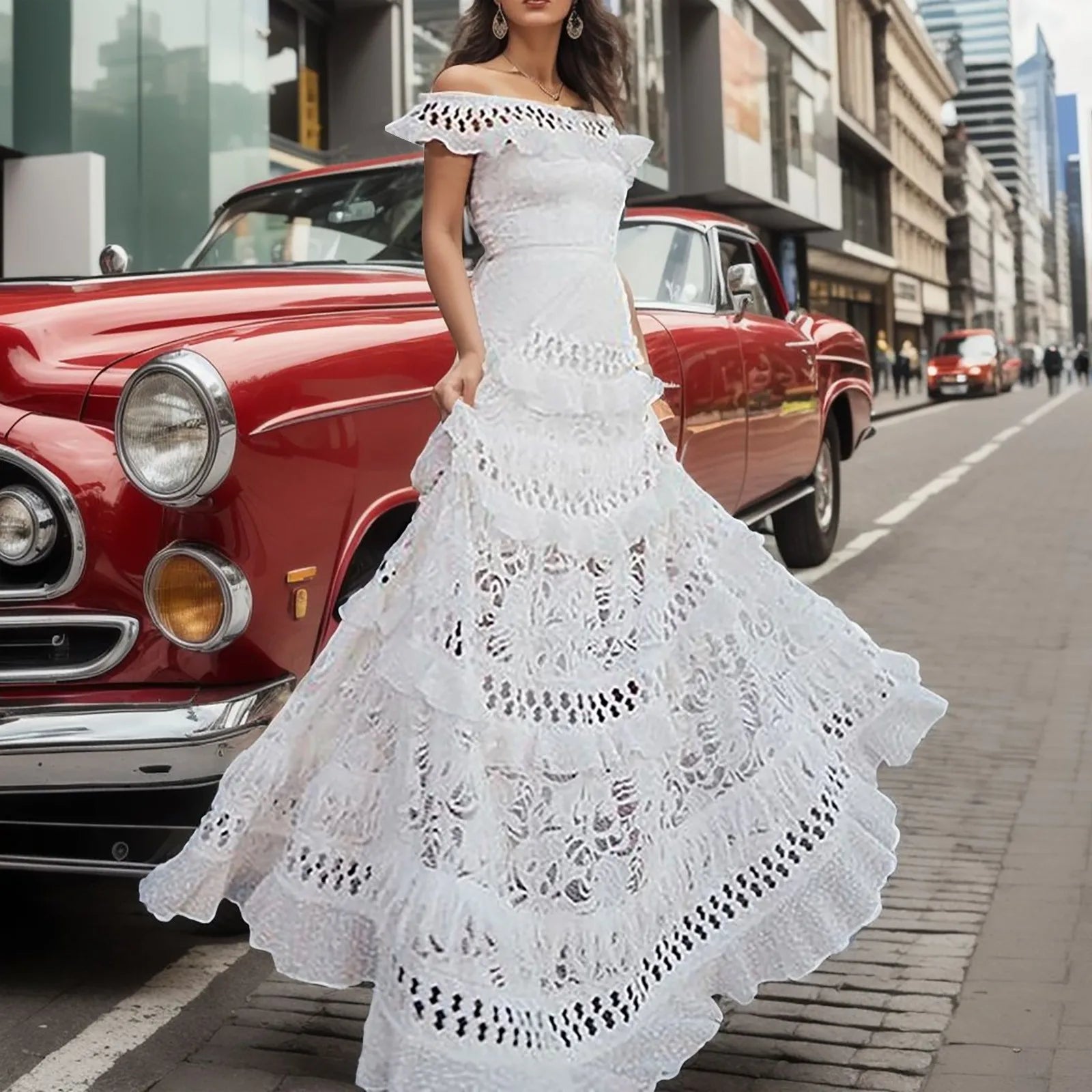 casual slip dressJuliaFashion - 2024 Hollow Out Lace Elegant Off Shoulder Wedding Party Formal Gown High Waist White Long Maxi Dress