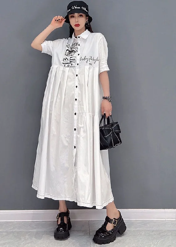 Price Drop floral midi dressElegant White Peter Pan Collar Print Wrinkled Cotton Party Shirt Dress Short Sleeve