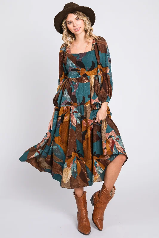 Daily Deals fitted cocktail dressTeal Leaf Print Square Neck Midi Dress