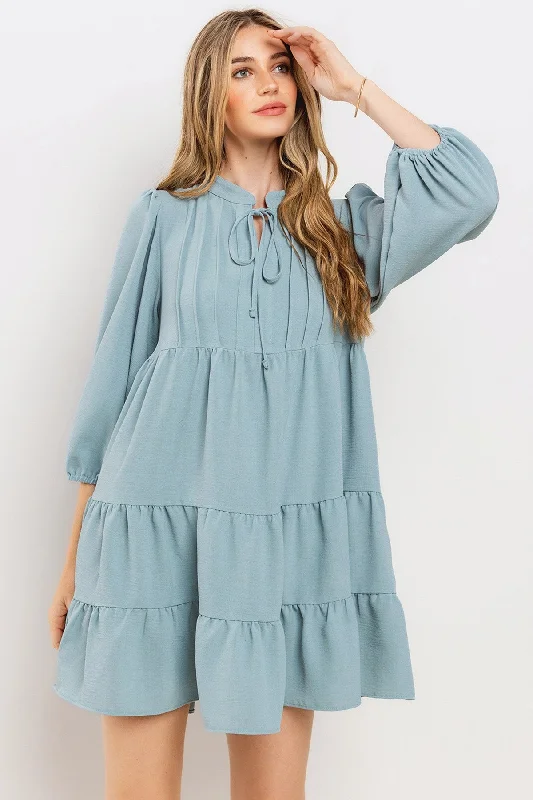 Massive Deals relaxed fit dressBlue Pleated Front Tie Tiered Dress