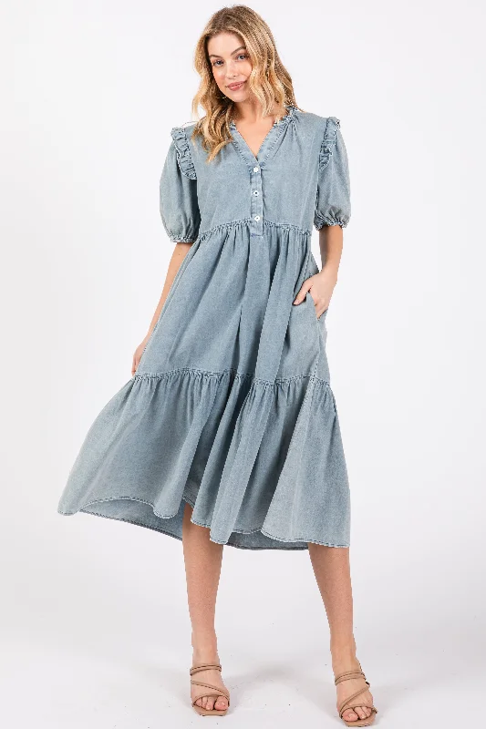 Mega Deal trendy mini dressBlue Denim Button Front Short Sleeve Tiered Midi Dress