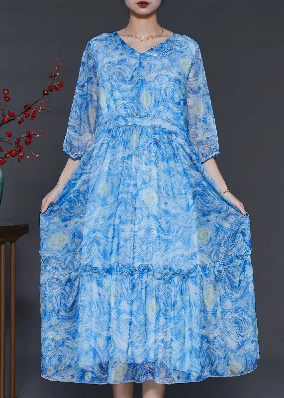 summer floral dressClassy Blue Ruffled Print Chiffon Long Dress Summer