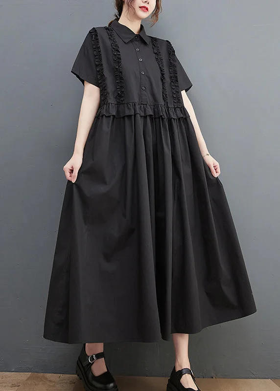 Hurry In fitted dressBlack Loose Cotton Maxi Dresses Ruffled Cinched Short Sleeve