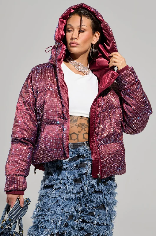 Act Fast sporty jacketFAYE RHINESTONE PUFFER IN BURGUNDY