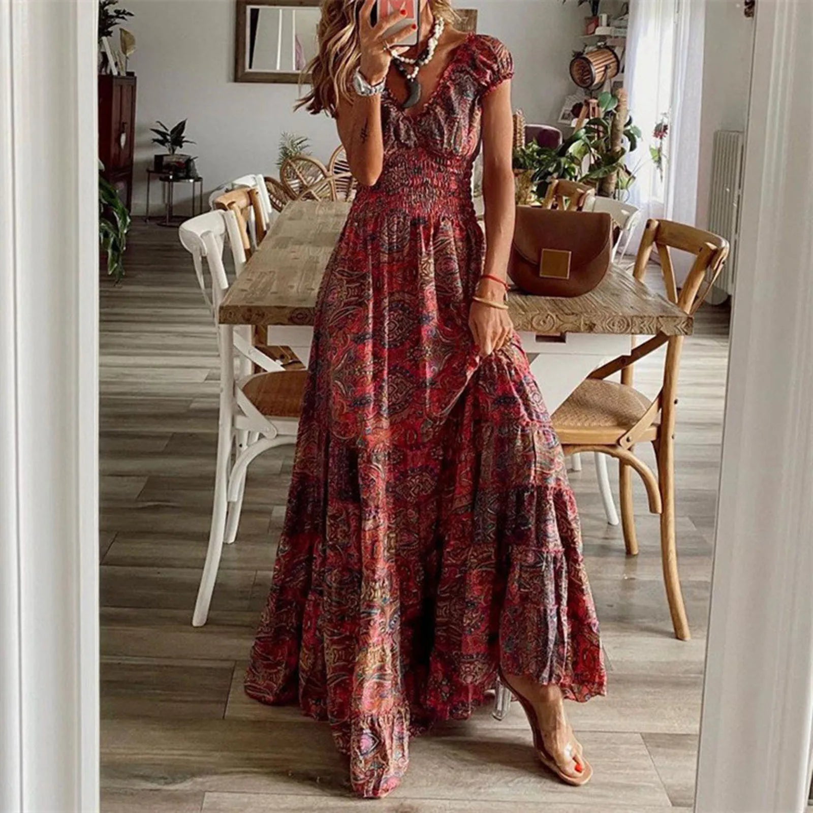 winter dressJuliaFashion - Vintage Bohemian Gypsy Causal V Neck Straps Boho Style Short Sleeve Long Beach Vestidos Dress