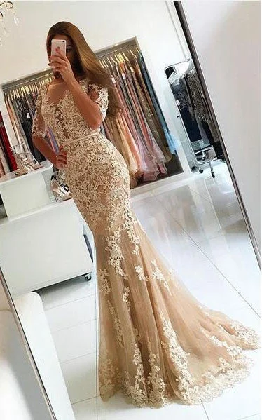 bohemian dressMermaid Floor-length Half Sleeve Lace Appliques Evening Prom Dress-331629