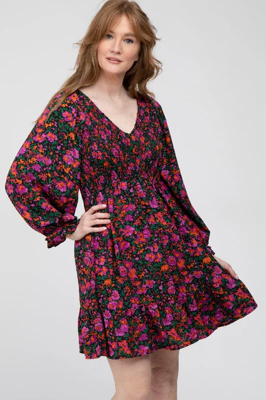 Can't Miss luxury dressBlack Floral Smocked Front Ruffle Trim Dress