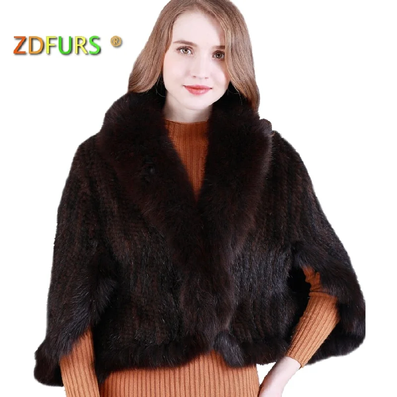 classic zip-up coatZDFURS *New Genuine Knit Mink Fur Shawl Poncho With Fox Trimming Real mink fur jacket Fashion Women ZDKM-166001