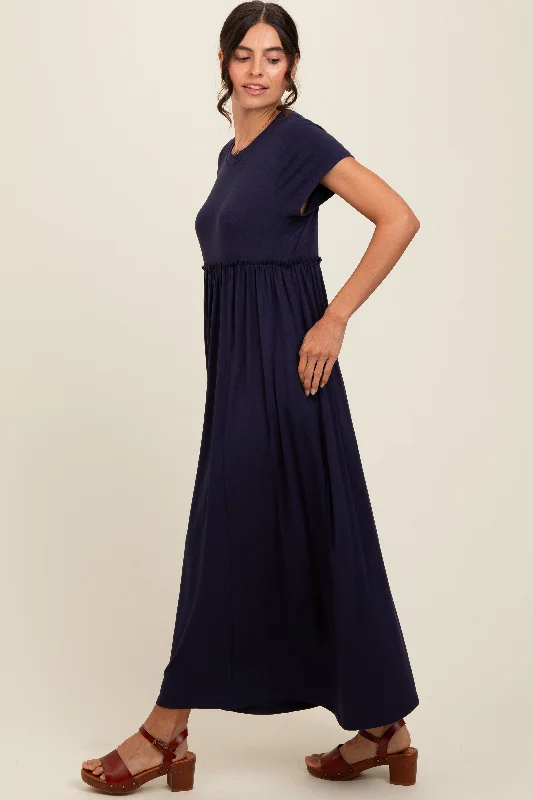 Low Prices minimalistic dressNavy Ruffle Trim Maxi Dress