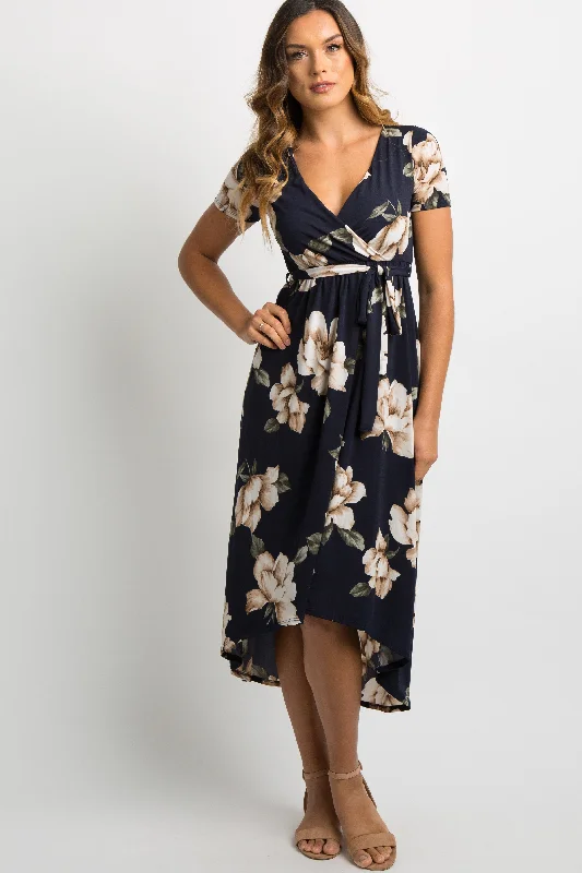 Clearance Event satin midi dressPinkBlush Navy Blue Floral Hi-Low Wrap Dress