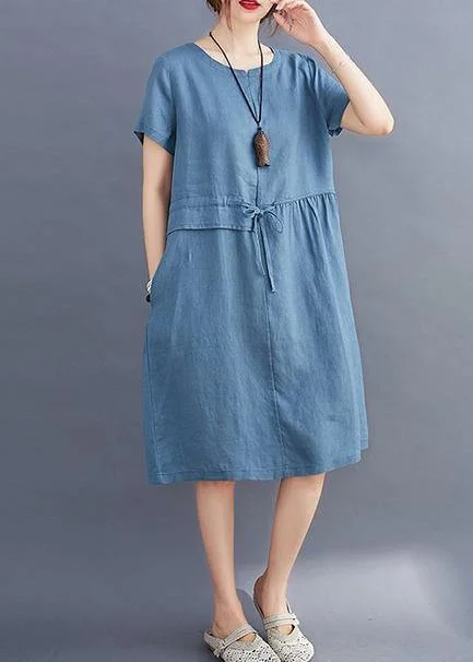 Massive Deals relaxed fit dressWomen tie waist o neck linen summer Robes Wardrobes blue Dress