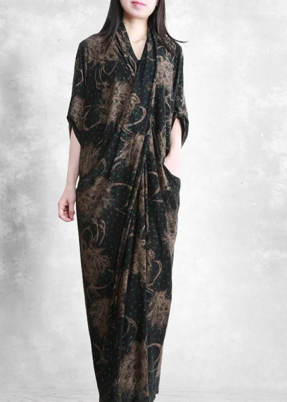 Crazy Savings winter dressRetro V Neck Asymmetrical Print Pockets draping Silk Dress Half Sleeve