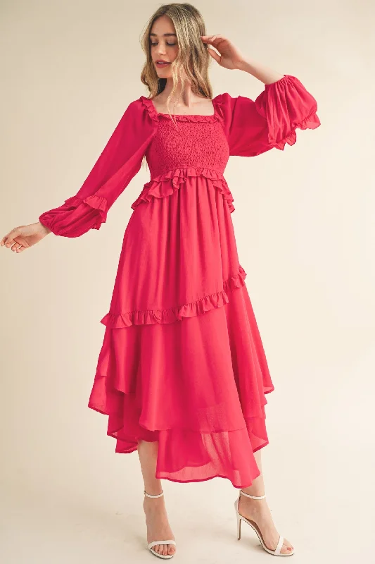 Can't Miss boho dressFuchsia Smocked Ruffle Long Sleeve Midi Dress