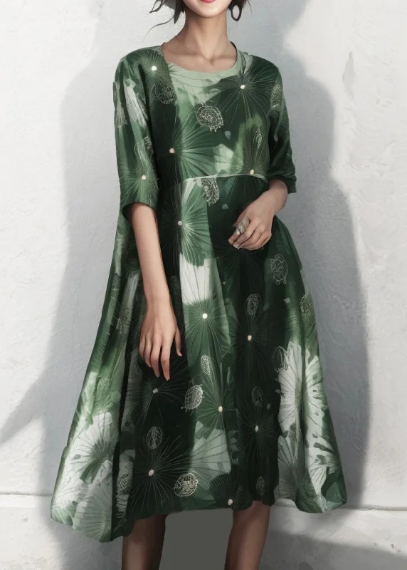 flowy dressPlus Size Green O Neck Print Cotton Dress Half Sleeve