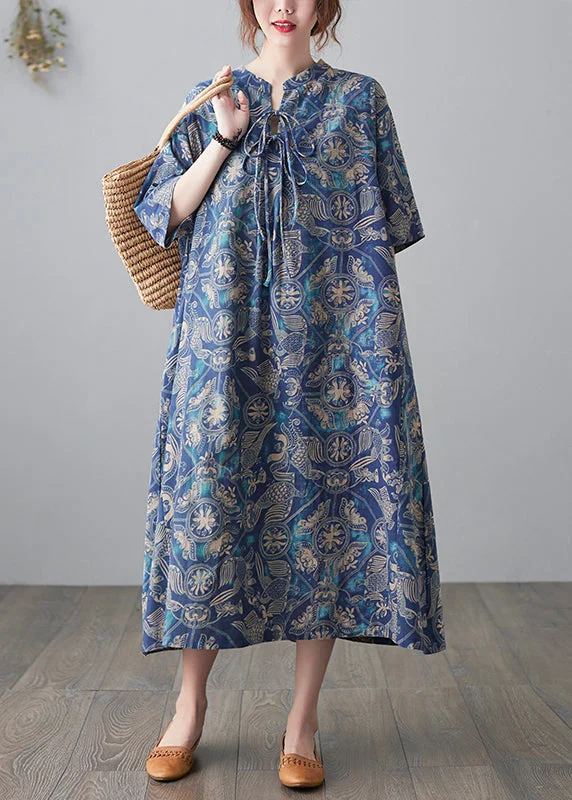 Discount Days summer dressVintage Blue Stand Collar Lace Up Print Linen Dresses Half Sleeve Discount Days summer dressVintage Blue Stand Collar Lace Up Print Linen Dresses Half Sleeve