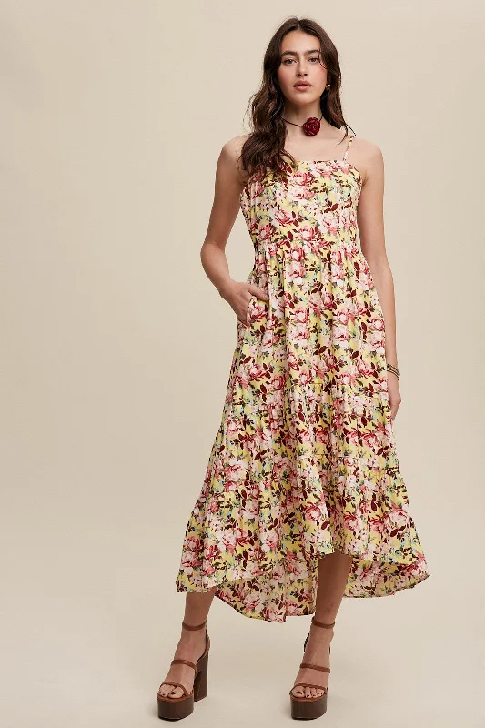 Best Deals denim dressYellow Floral Tiered Hi-Low Midi Dress