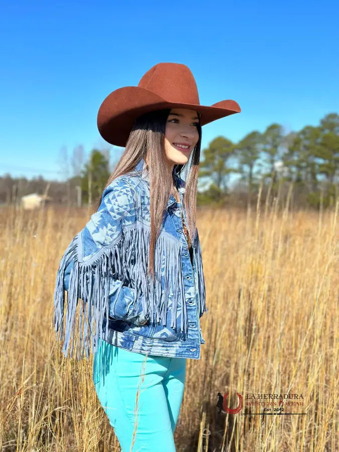 Buy More, Save More Rock&Roll Womens Blue Aztec Fringe Denim Jacket