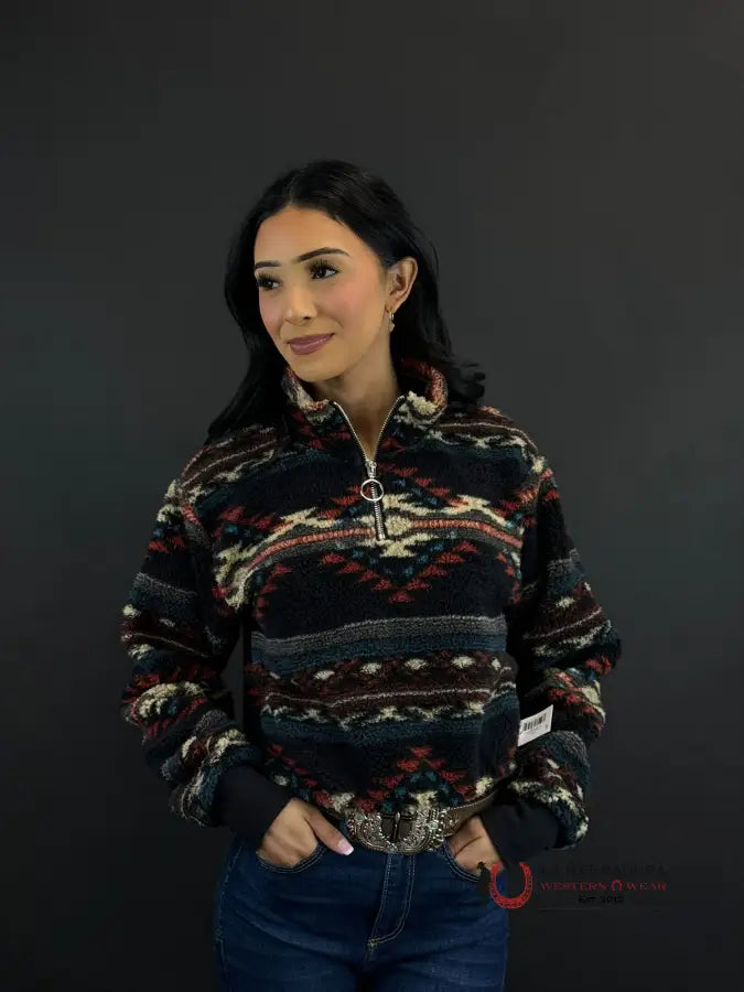 Shop and Save Rock&Roll Womens Black Multi  Print Pullover