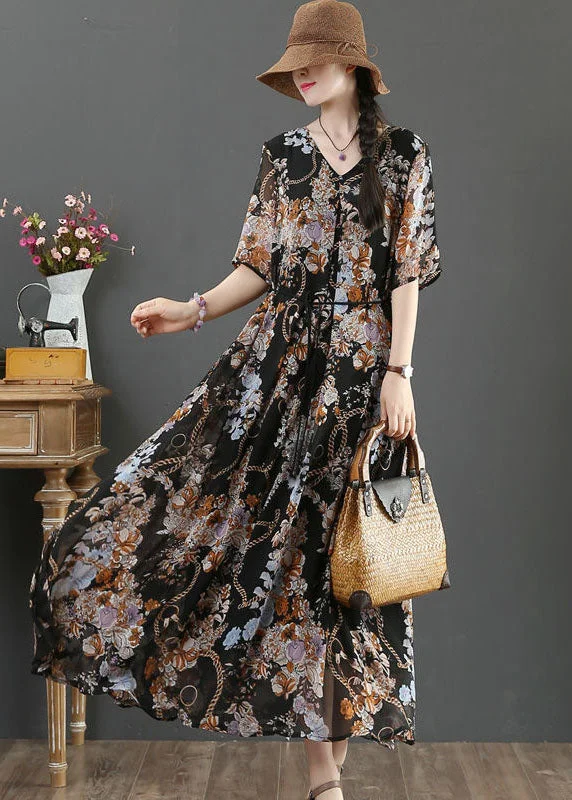 Price Cut off-the-shoulder dressBohemian Black V Neck Tie Waist Print Chiffon Vacation Dresses Short Sleeve Price Cut off-the-shoulder dressBohemian Black V Neck Tie Waist Print Chiffon Vacation Dresses Short Sleeve