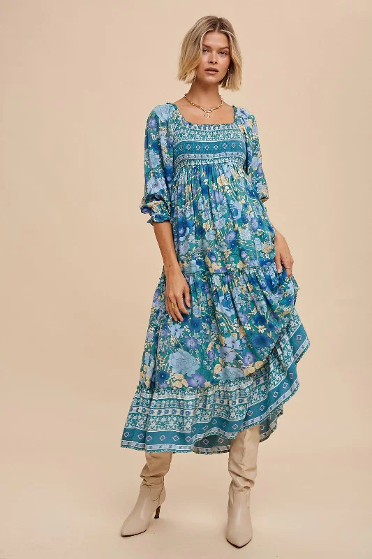 Final Sale elegant shift dressTeal Floral Smocked Half-Length Sleeves Midi Dress