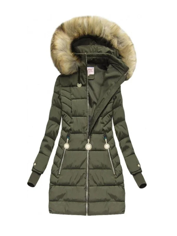 Closeout fashionable quilted coatLong Slim Army Green Hooded Jacket