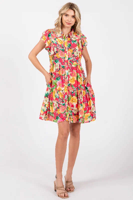 Limited Availability mini dressFuchsia Floral Print Baby Doll Dress