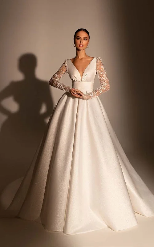 winter dressSimple Minimalist A-Line Glitter Satin Chapel Train Ball Gown Wedding Dress with Lace Sleeves and Sash