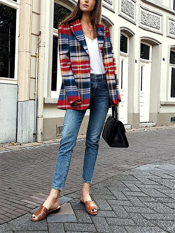 Special Savings outdoor adventure coatAutumn and winter fashion lapel checked print coat