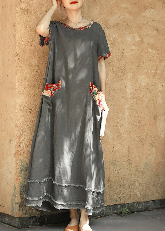 Unbeatable Prices denim dressPlus Size Grey O-Neck pocket Patchwork Linen Ankle Dress Short Sleeve Unbeatable Prices denim dressPlus Size Grey O-Neck pocket Patchwork Linen Ankle Dress Short Sleeve