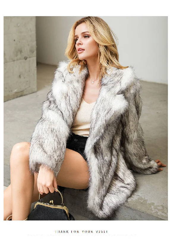 Reduced Prices insulated winter jacketBeautiful Women's White Background Black Tip Mid Length Blazer Overcoat Wool Faux Fur Coat