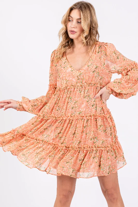 Extra Savings knit dressPeach Floral Ruffle Tiered Dress