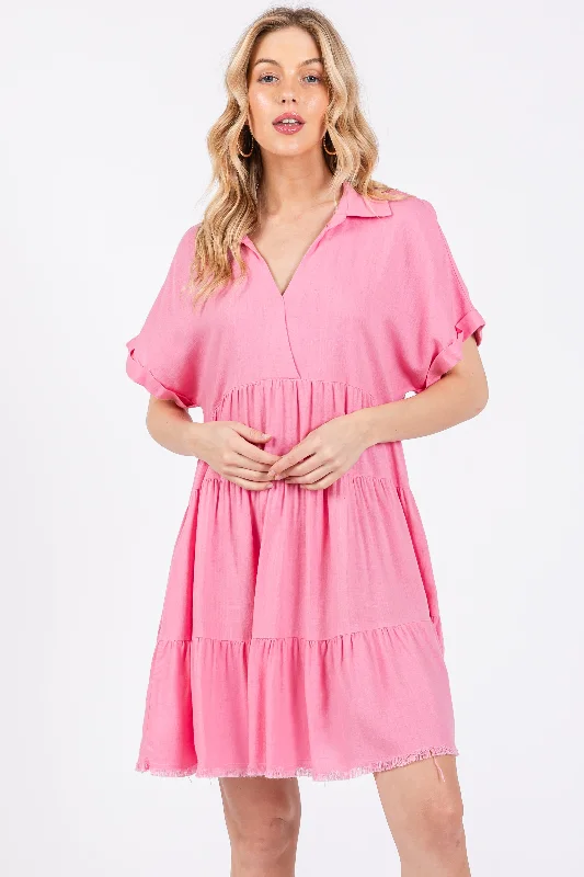 Weekend Deal fitted dressPink Tiered Linen Dress