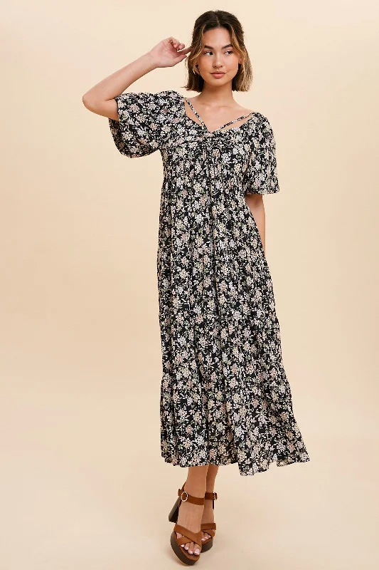 Midnight Madness boho-chic dressBlack Floral Ruched Strappy V-Neck Front Puff Short Sleeve Midi Dress Midnight Madness boho-chic dressBlack Floral Ruched Strappy V-Neck Front Puff Short Sleeve Midi Dress