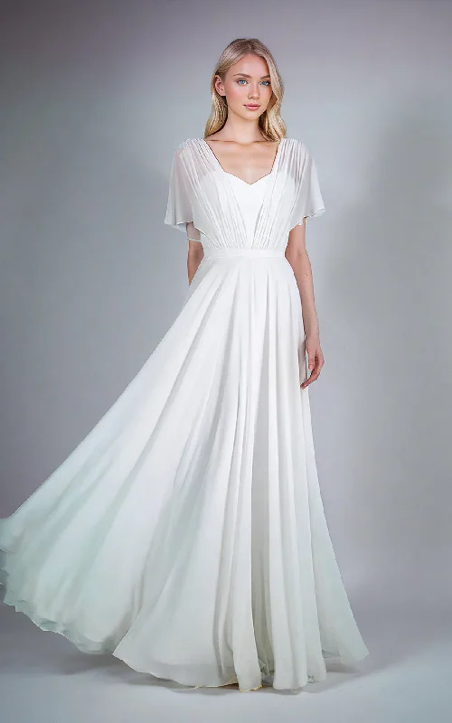 cocktail party dressModest Simple Sweetheart Short Sleeves A-Line Maxi Wedding Dress Casual Corset Back Chiffon Bridal Gown with Pleats