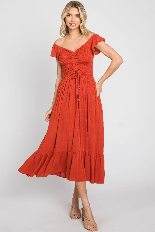 Act Fast cocktail dressRust Smocked Ruched Ruffle Hem Maxi Dress