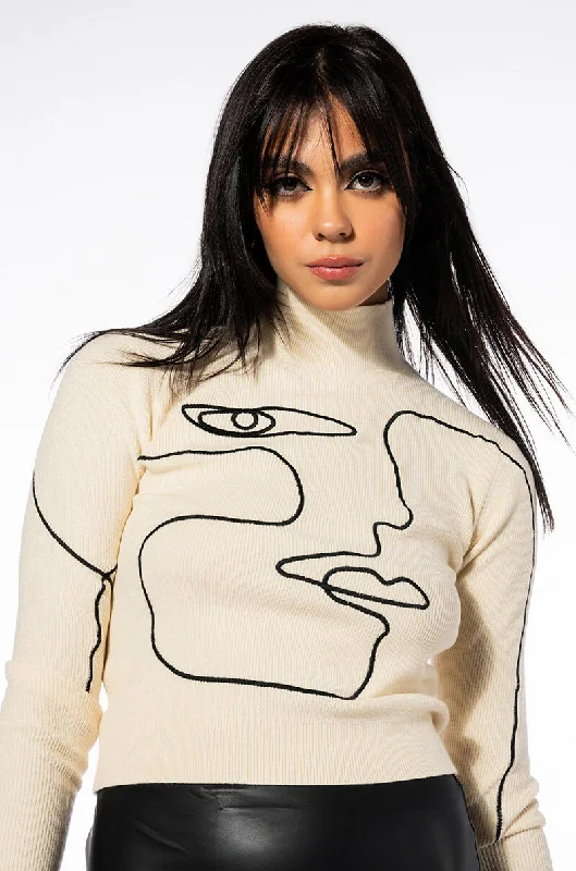 WILLA ABSTRACT FACE RIBBED TURTLENECK SWEATER