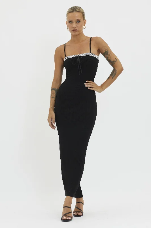 Online Only boho dressBlack Lace Trim Back Twist Dress