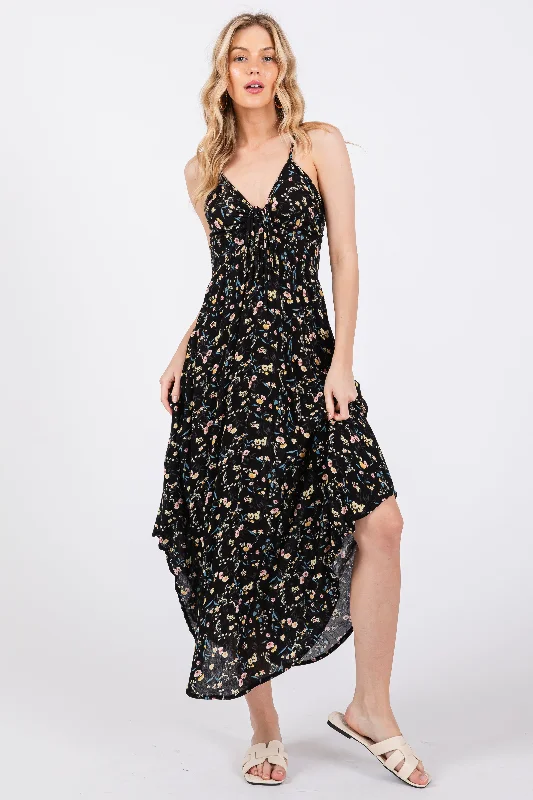 Quick Sale ruffle dressBlack Floral Cinched Tie Bust Midi Dress