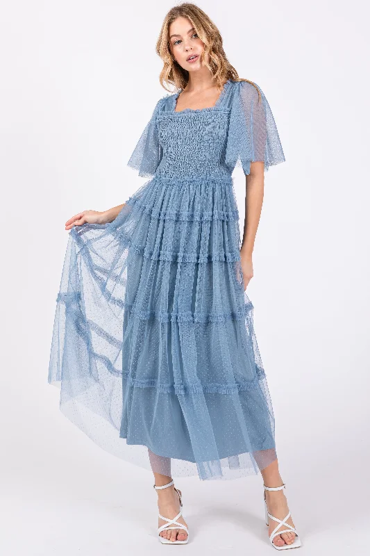 Reduced Prices backless dressBlue Ruffled Mesh Maxi Dress