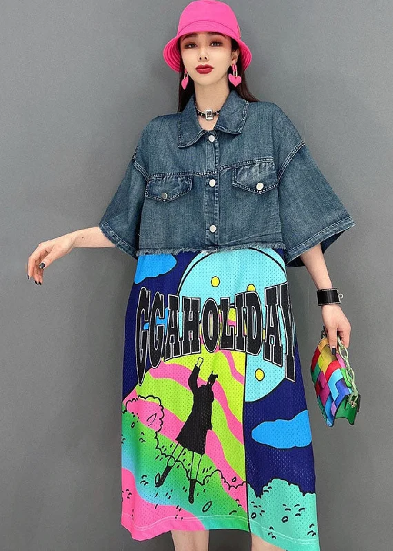 Super Sale off-shoulder dressLoose Blue Peter Pan Collar Patchwork Print Cotton Streetwear Denim Dress Short Sleeve