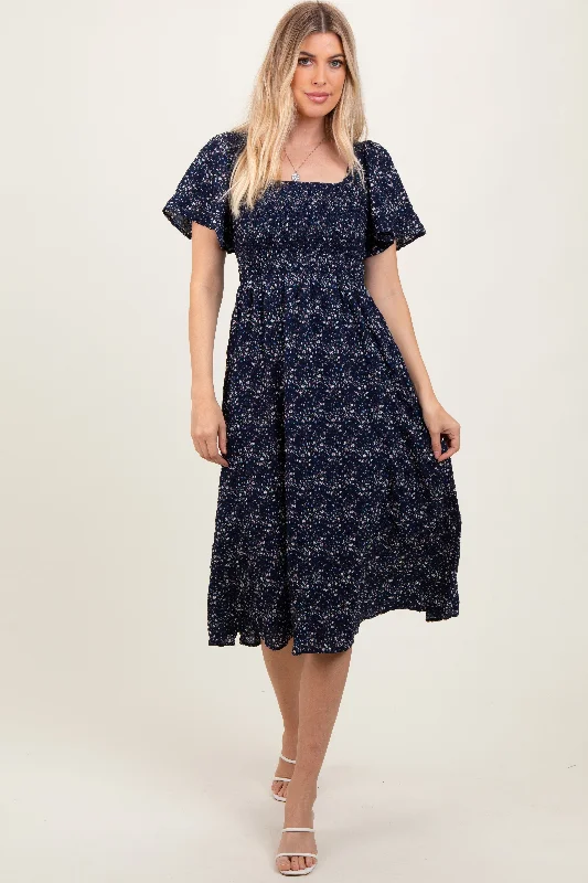Instant Discount midi dressNavy Floral Square Neck Smocked Maternity Midi Dress