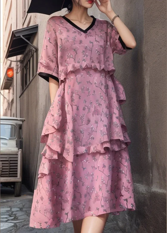 romantic dressNew Pink V Neck Ruffled Print Cotton Dress Short Sleeve