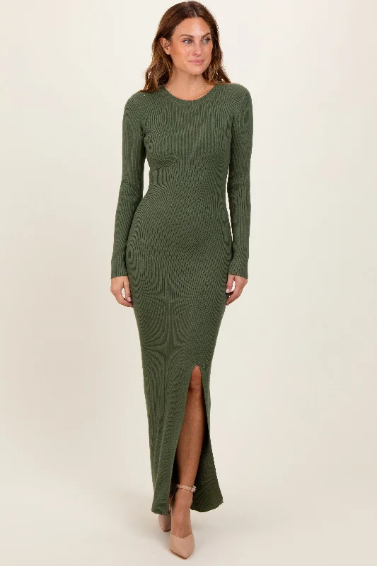 Closeout casual knit dressOlive Ribbed Knit Long Sleeve Side Slit Maxi Dress