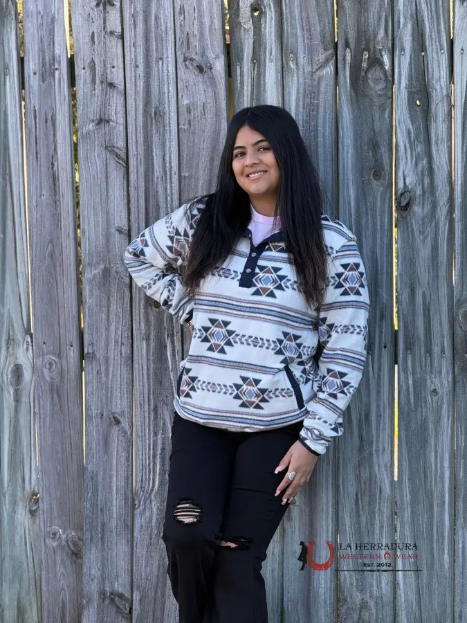 Savings Event Cinch Womens Pullover Navy/Brown White & Aztec Pattern