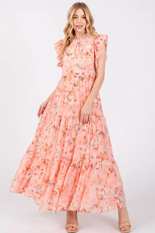 Buy Now mini dressPeach Floral Chiffon Ruffle Shoulder Tiered Maxi Dress